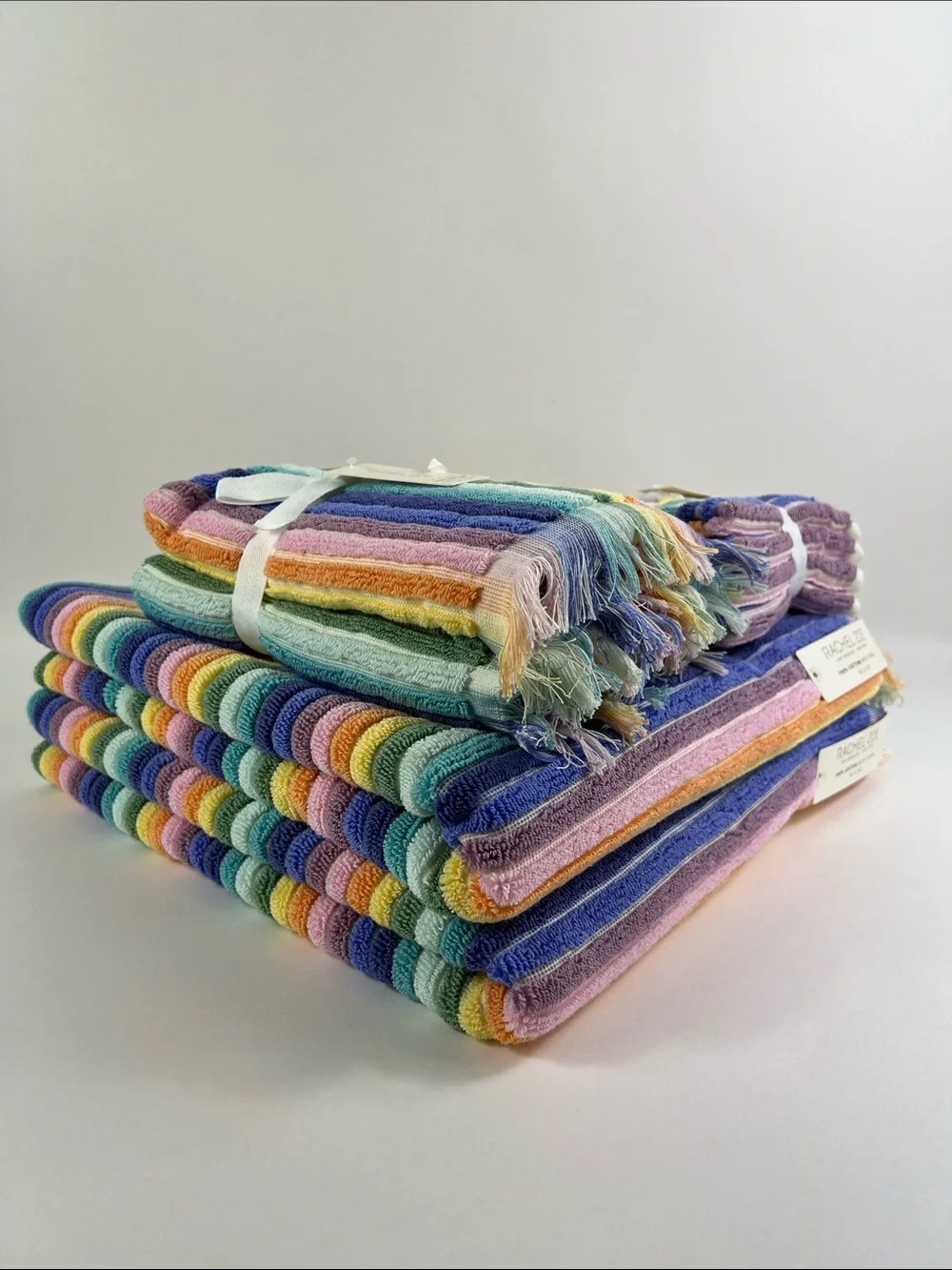 Rachel Zoe Bath Towels Rainbow Pastel Striped with Fringe Cotton 8 Pc Set NEW